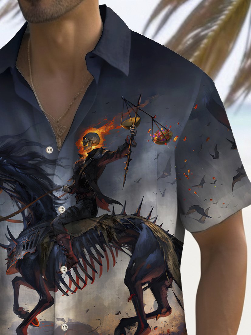 Camisa elástica con bolsillo en el pecho para hombre con estampado de esqueleto, caballo y caballero de Halloween de Alohadaddy, talla grande