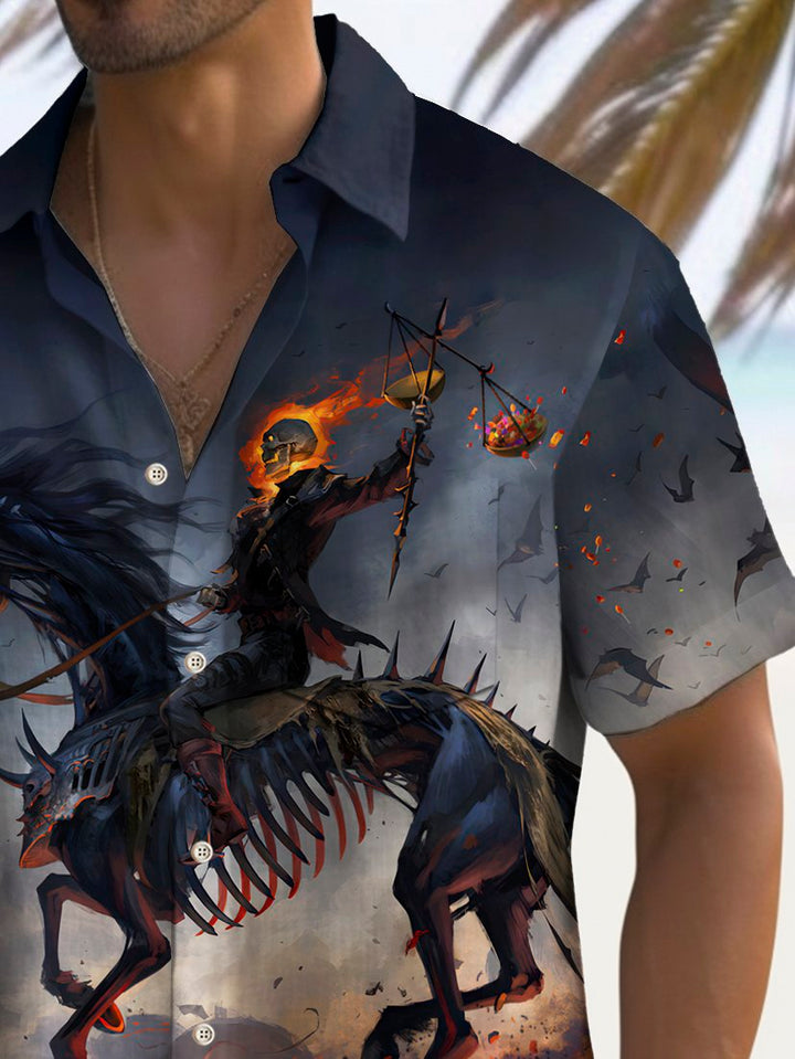Camisa elástica con bolsillo en el pecho para hombre con estampado de esqueleto, caballo y caballero de Halloween de Alohadaddy, talla grande