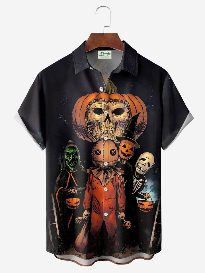 Camisa de manga corta con bolsillo y botones para hombre con estampado digital 3D de calavera de película de Halloween de Alohadaddy, talla grande y alta