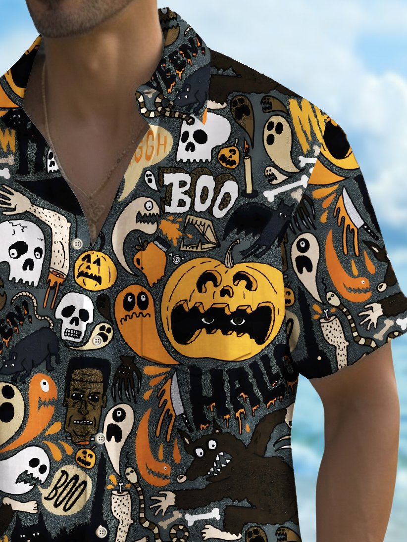 Camisa elástica con bolsillo en el pecho para hombre con estampado de dibujos animados de calabaza y calavera de Halloween de Alohadaddy, talla grande