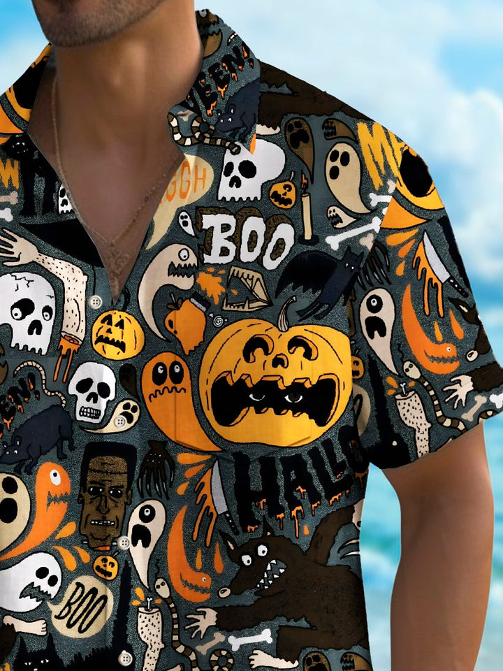Camisa elástica con bolsillo en el pecho para hombre con estampado de dibujos animados de calabaza y calavera de Halloween de Alohadaddy, talla grande