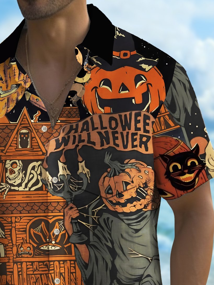 Camisa elástica con bolsillo en el pecho para hombre con estampado de póster de Halloween vintage de Alohadaddy, talla grande