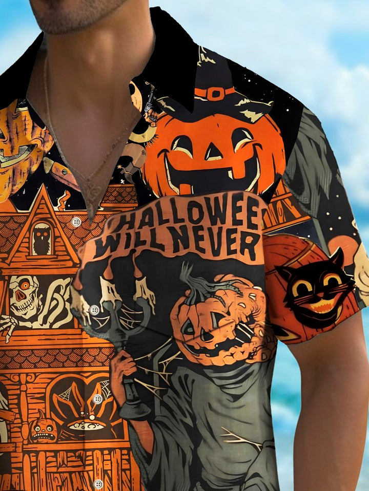 Camisa elástica con bolsillo en el pecho para hombre con estampado de póster de Halloween vintage de Alohadaddy, talla grande