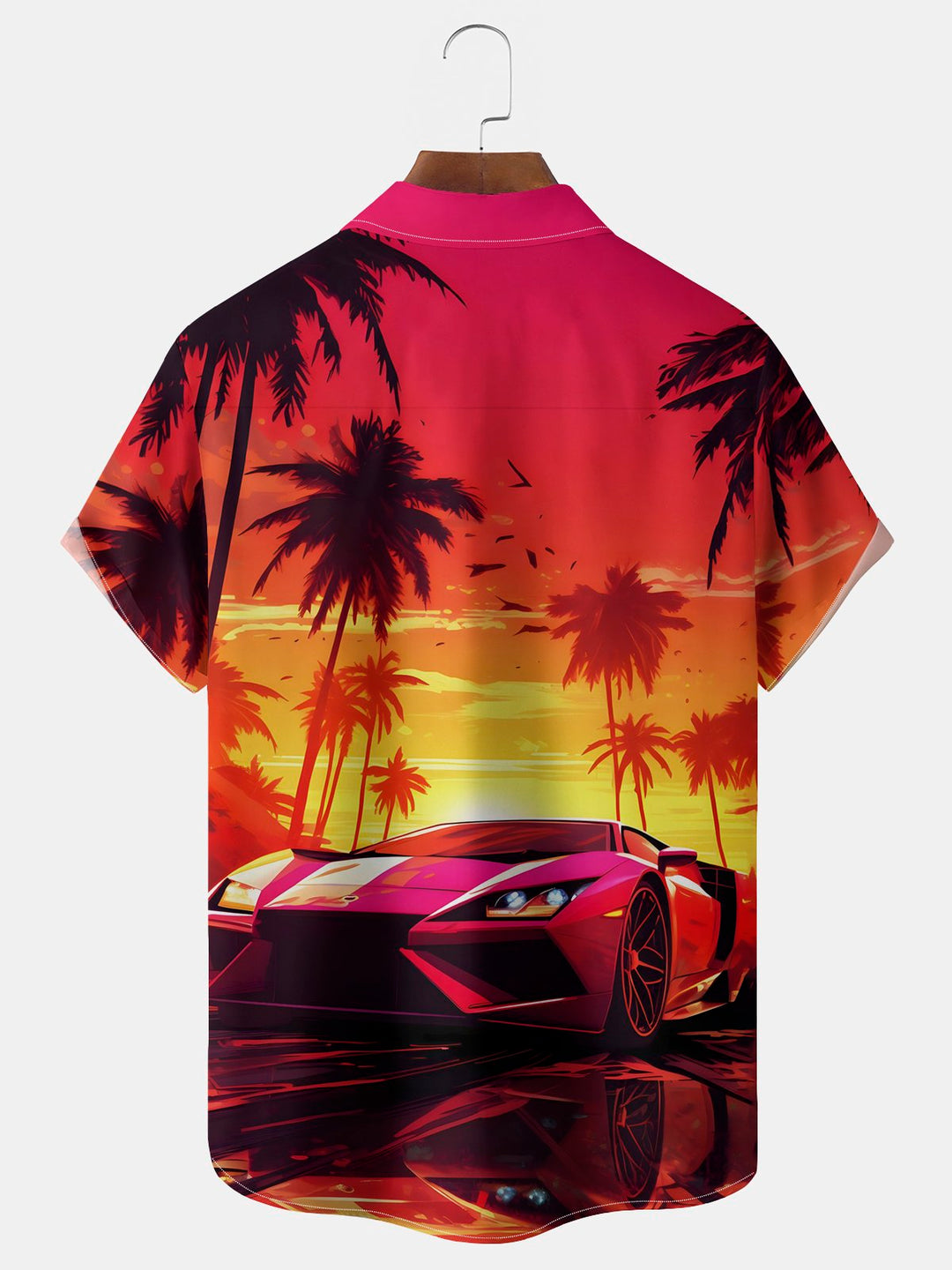 Camisa elástica con bolsillo en el pecho para hombre con estampado de árboles de coco y autos antiguos de Alohadaddy, talla grande