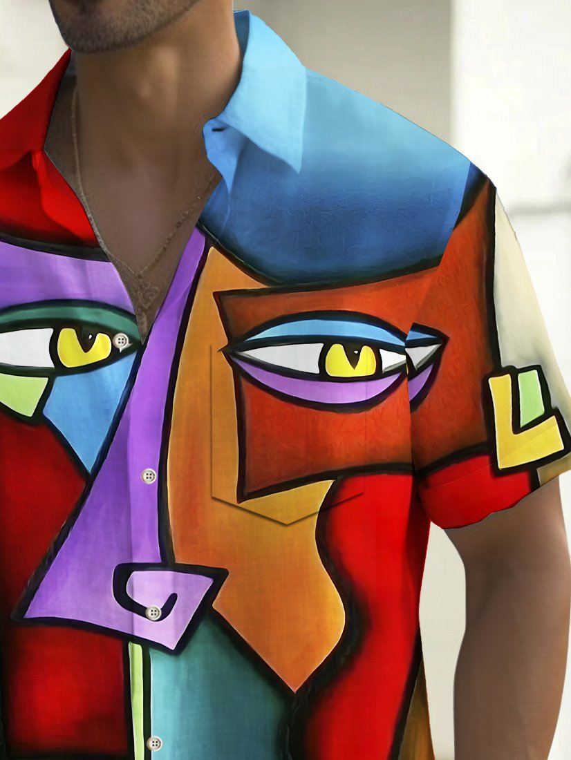 Camisa elástica con bolsillo en el pecho y estampado artístico de caras vintage de Alohadaddy para hombre, talla grande