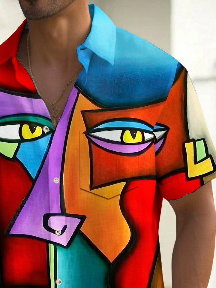 Camisa elástica con bolsillo en el pecho y estampado artístico de caras vintage de Alohadaddy para hombre, talla grande