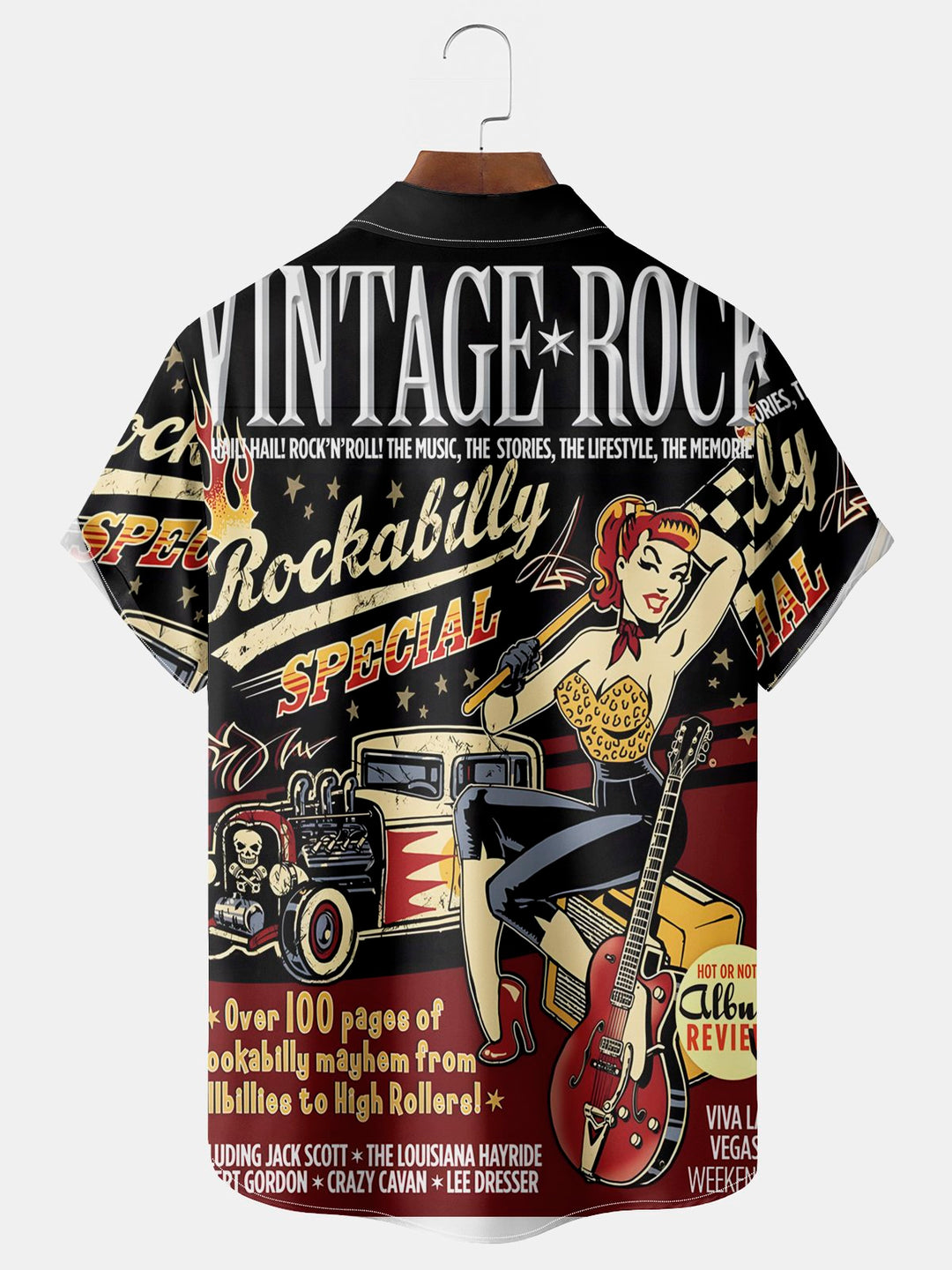 Camisa elástica con bolsillo en el pecho y estampado de rock vintage para hombre de Alohadaddy, talla grande