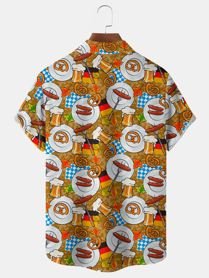 Camisa elástica con bolsillo en el pecho y estampado de jamón y cerveza Oktoberfest de Alohadaddy para hombre, talla grande