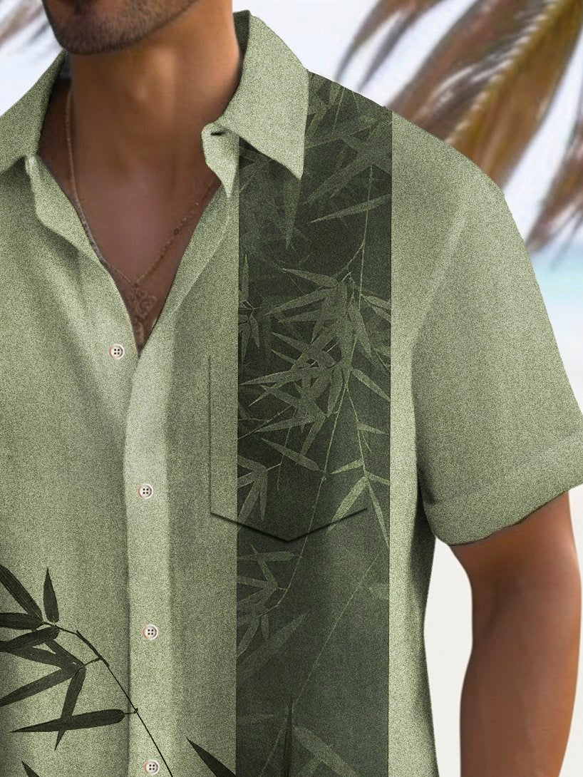 Camisa elástica con bolsillo en el pecho y estampado de bambú de bolos vintage para hombre de Alohadaddy, talla grande