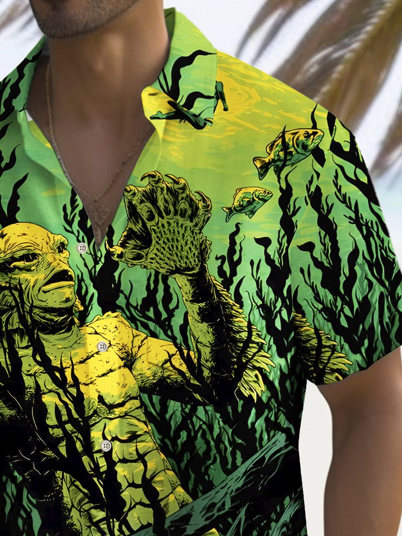 Camisa elástica con bolsillo en el pecho y estampado de monstruo de Halloween para hombre de Alohadaddy, talla grande