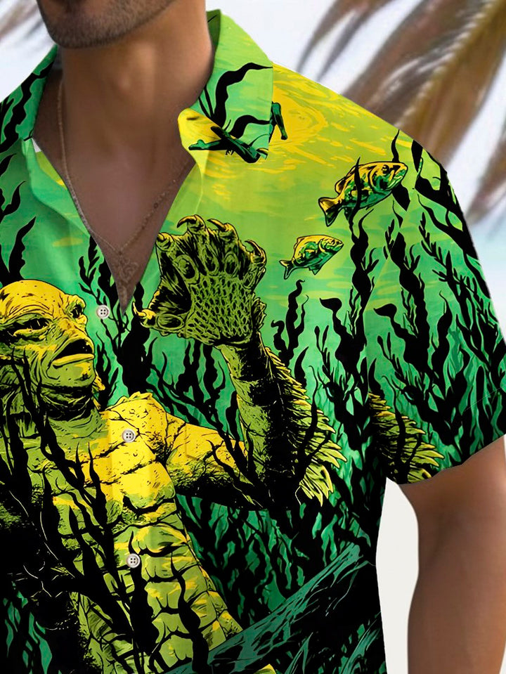 Camisa elástica con bolsillo en el pecho y estampado de monstruo de Halloween para hombre de Alohadaddy, talla grande