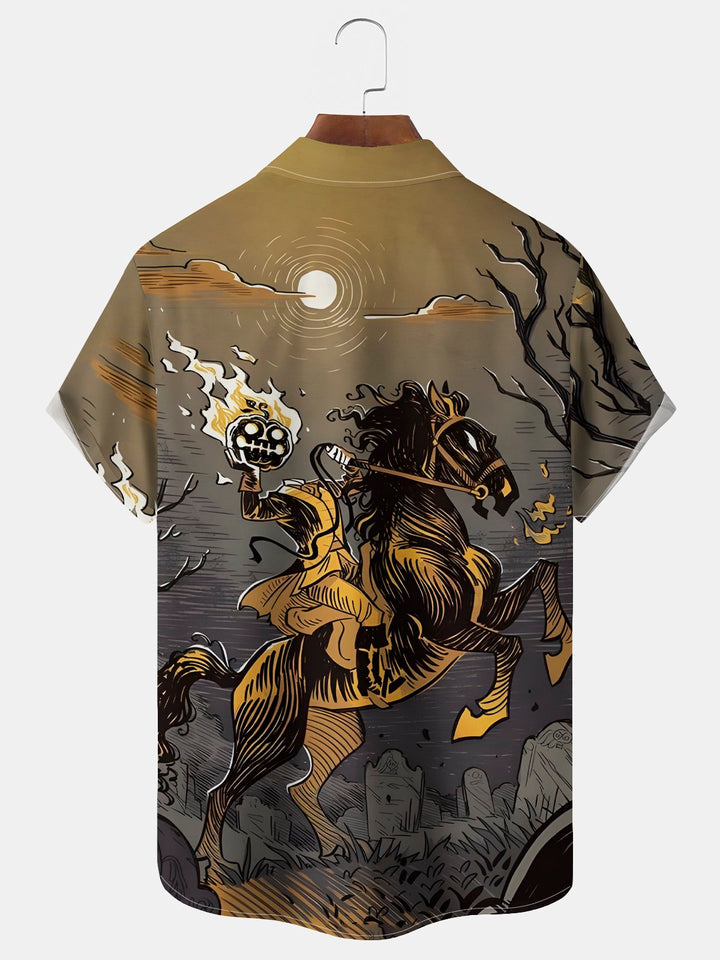 Camisa elástica con bolsillo en el pecho y estampado de caballero de Halloween para hombre de Alohadaddy, talla grande