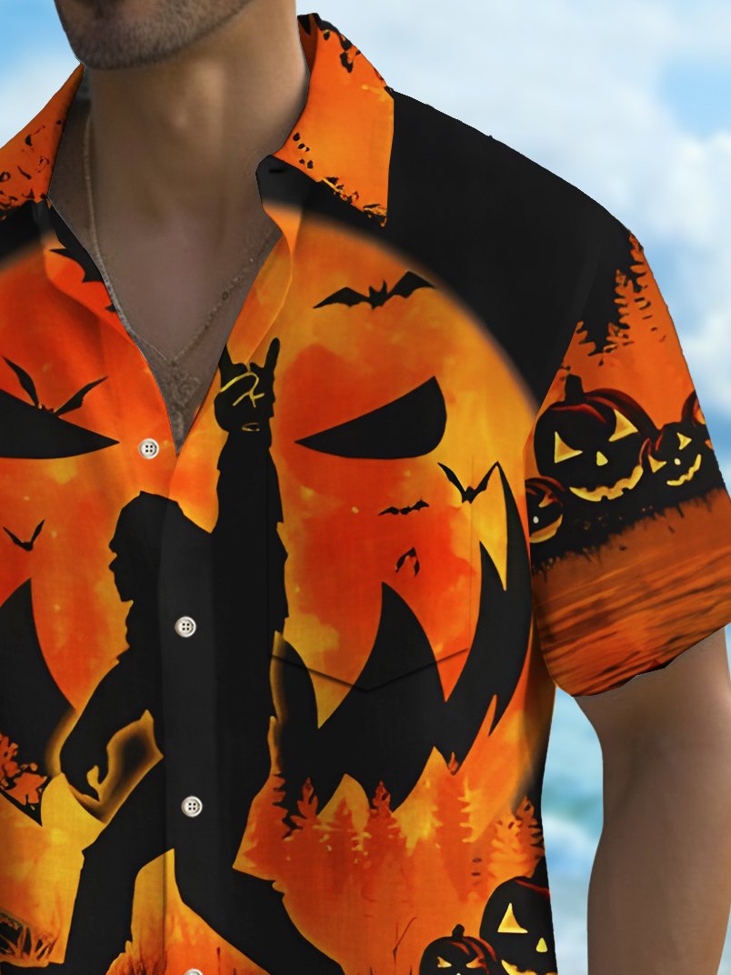Camisa elástica con bolsillo en el pecho y estampado de calabaza de Halloween de Alohadaddy para hombre, talla grande