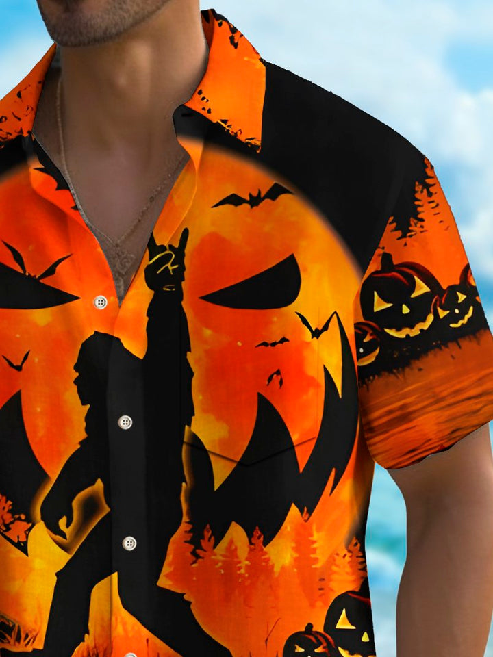 Camisa elástica con bolsillo en el pecho y estampado de calabaza de Halloween de Alohadaddy para hombre, talla grande