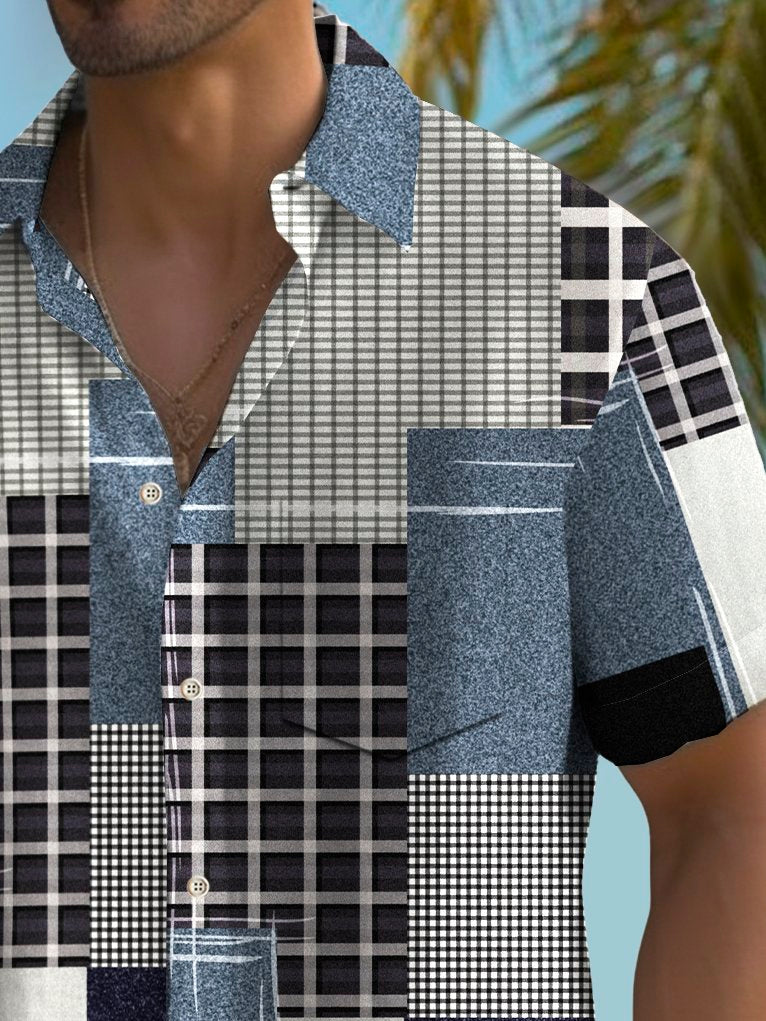 Alohadaddy Vintage Geometric Print Chest Pocket Stretch Shirt Big Tall