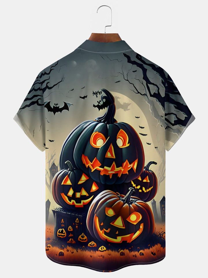 Camisa elástica con bolsillo en el pecho y estampado de dibujos animados de calabaza de Halloween para hombre de Alohadaddy, talla grande