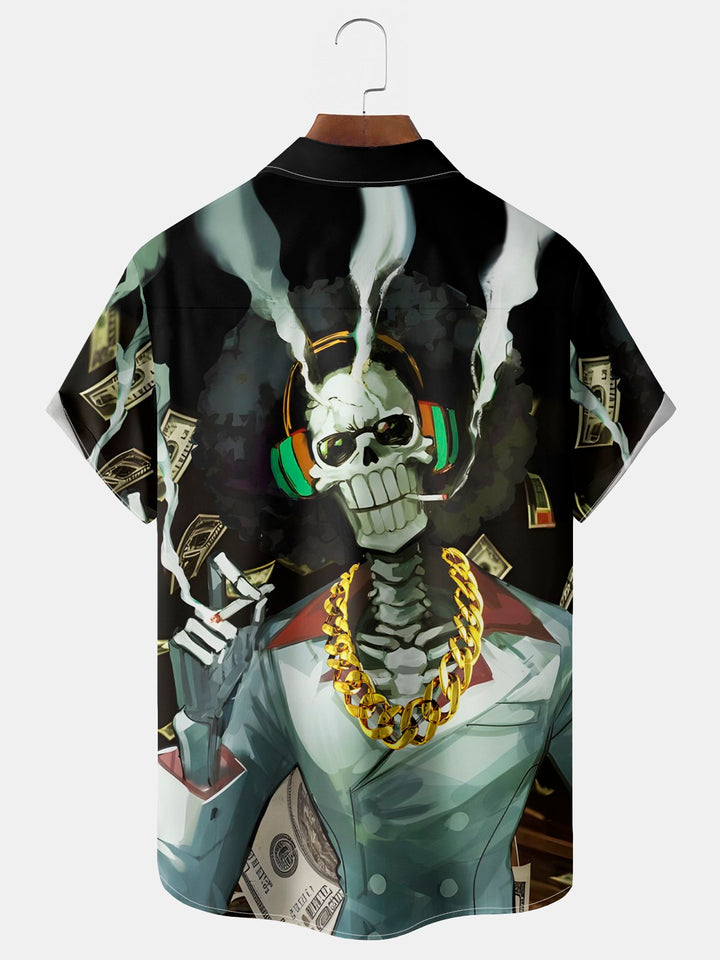Camisa elástica con bolsillo en el pecho y estampado de calavera de Halloween para hombre de Alohadaddy, talla grande