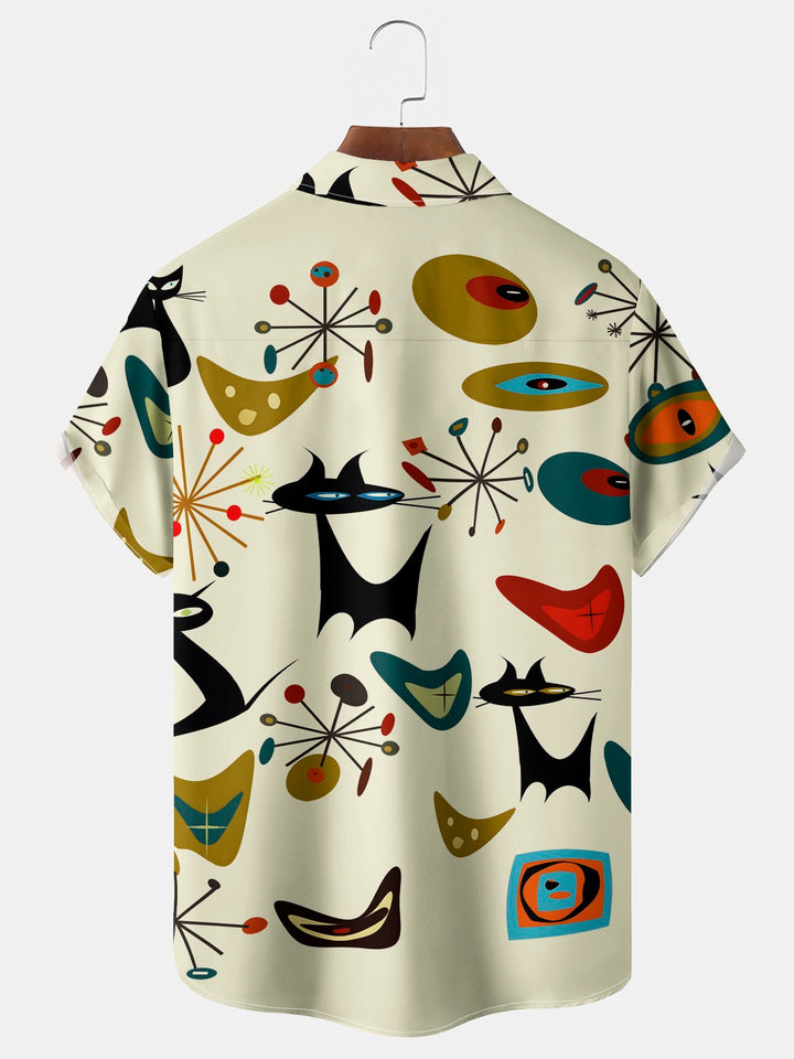 Alohadaddy Vintage Geometric Starburst Cat Print Chest Pocket Stretch Shirt Big Tall