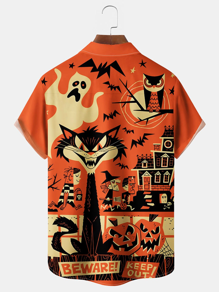 Camisa elástica con bolsillo en el pecho y estampado de dibujos animados de Halloween de Alohadaddy para hombre, talla grande