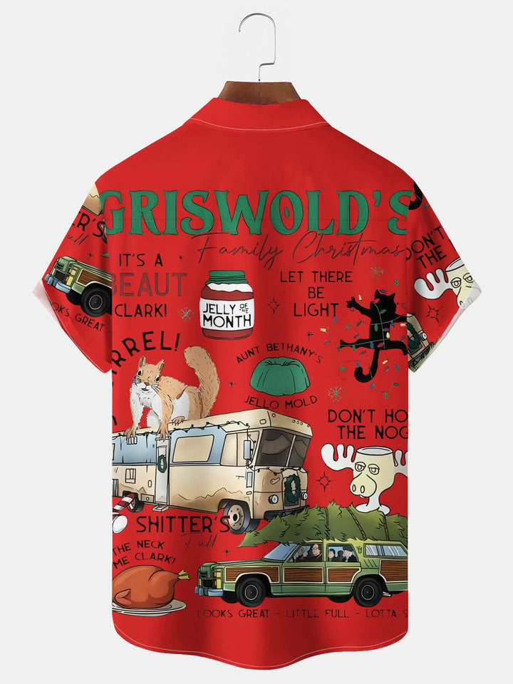 Camisa elástica con bolsillo en el pecho y estampado de dibujos animados de vacaciones navideñas de Alohadaddy para hombre, talla grande