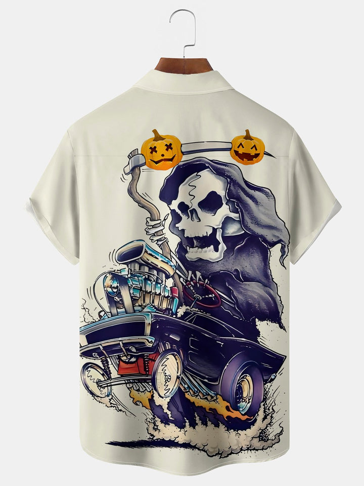 Camisa elástica con bolsillo en el pecho y estampado de dibujos animados de calaveras de Halloween para hombre de Alohadaddy, talla grande
