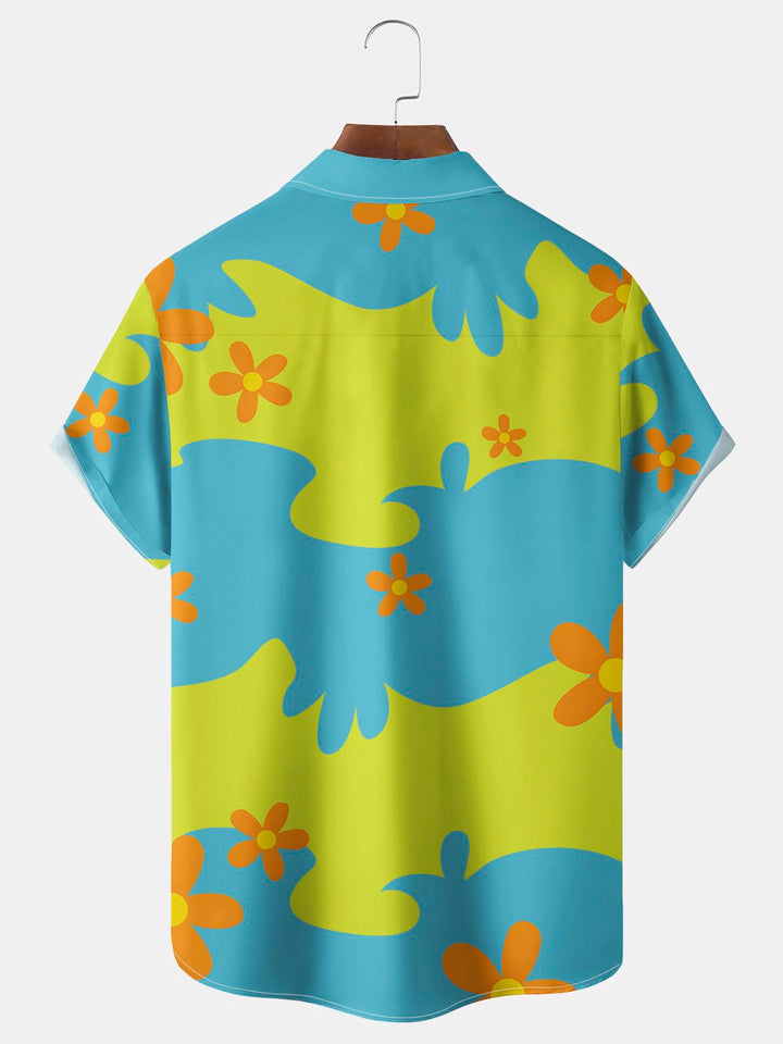 Alohadaddy Vintage Hippie Bus Flower Print Chest Pocket Stretch Shirt Big Tall