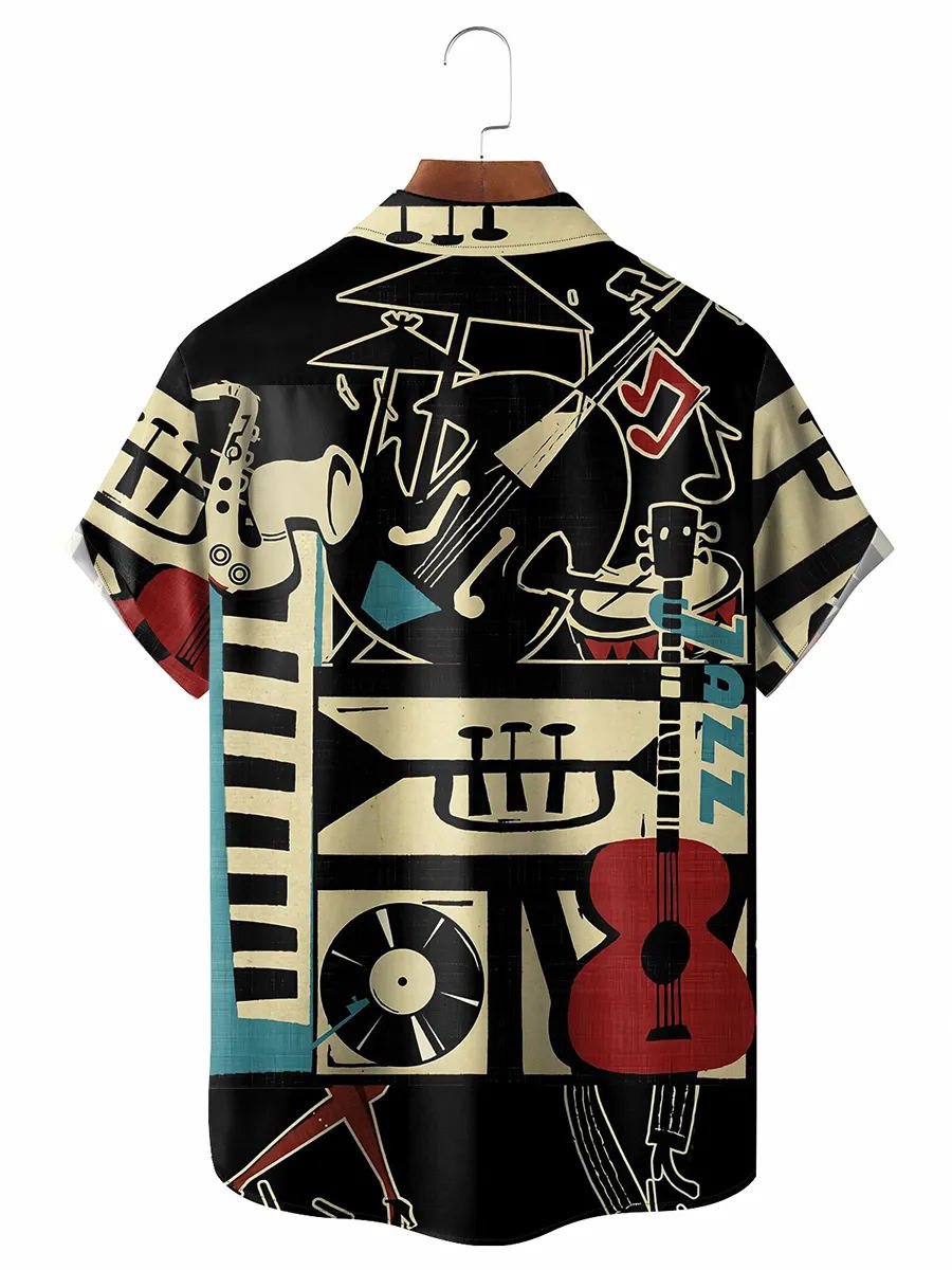 Camisa elástica con bolsillo en el pecho y estampado musical vintage de Alohadaddy, talla grande