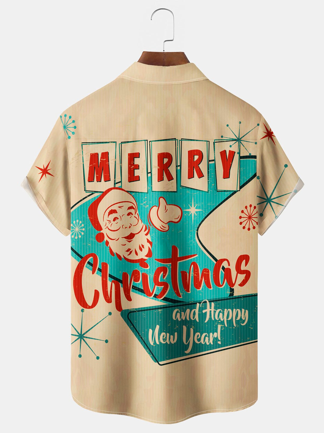 Chemises hawaïennes extensibles à imprimé géométrique Boomerang Joyeux Noël avec poche poitrine et motif Père Noël Alohadaddy