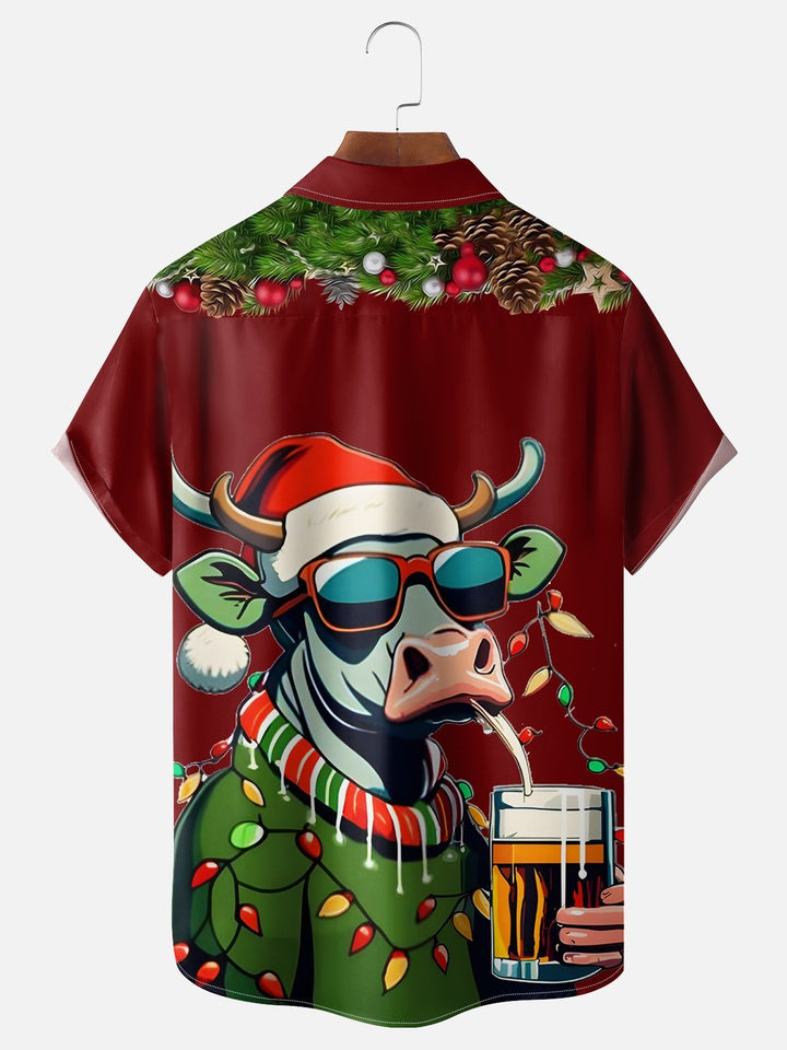 Camisa hawaiana elástica con bolsillo en el pecho y estampado de dibujos animados de vaca para hombre de Alohadaddy Christmas