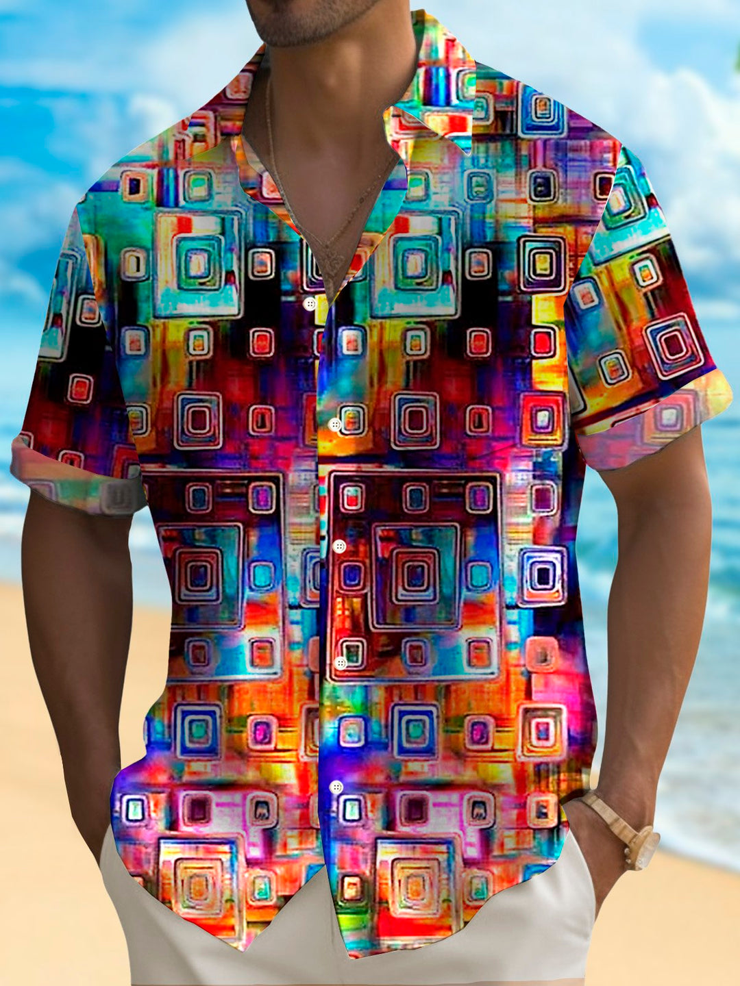 Estampado de arte geométrico vintage Alohadaddy para hombre, manga corta, bolsillo con botones
