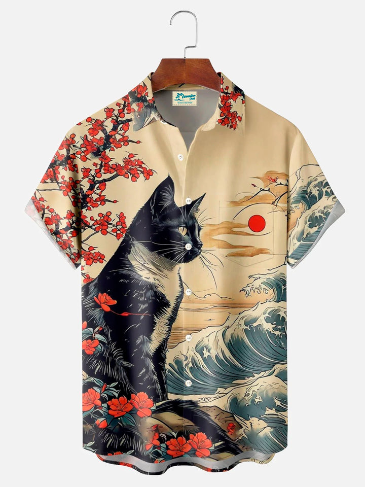 Camisa de manga corta con bolsillos y botones y estampado de gato estilo retro ukiyo-e para hombre de Alohadaddy