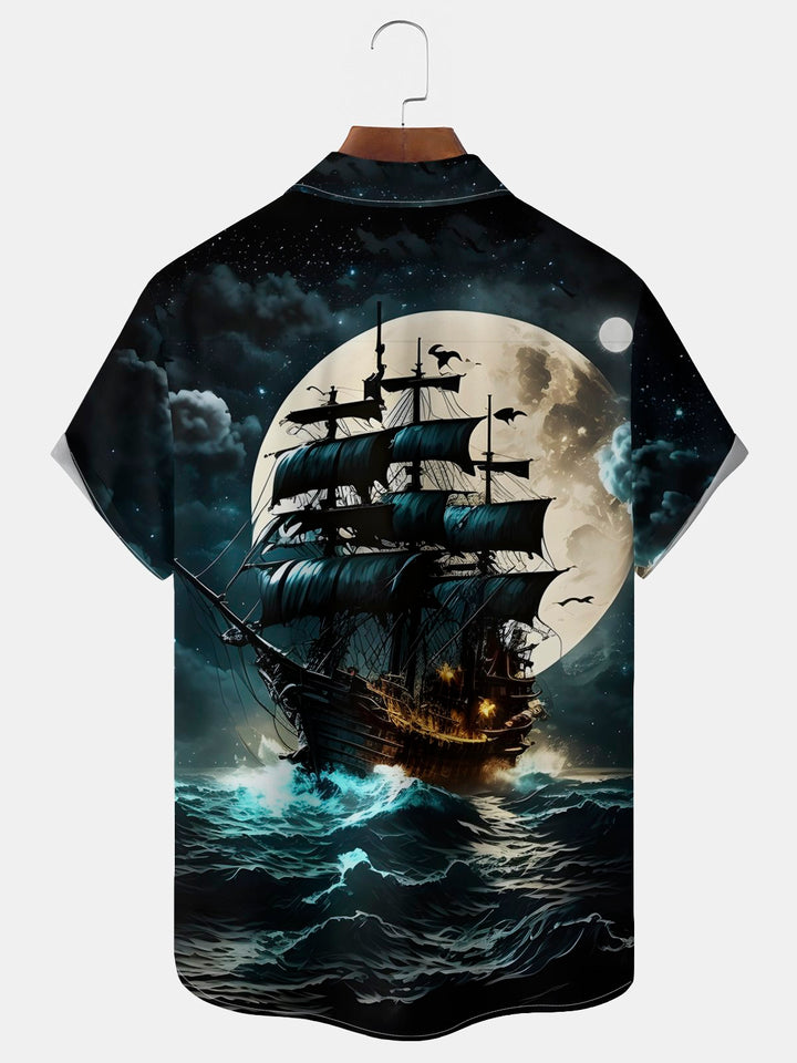 Camisa hawaiana elástica con bolsillo en el pecho y estampado de barco náutico vintage para hombre de Alohadaddy
