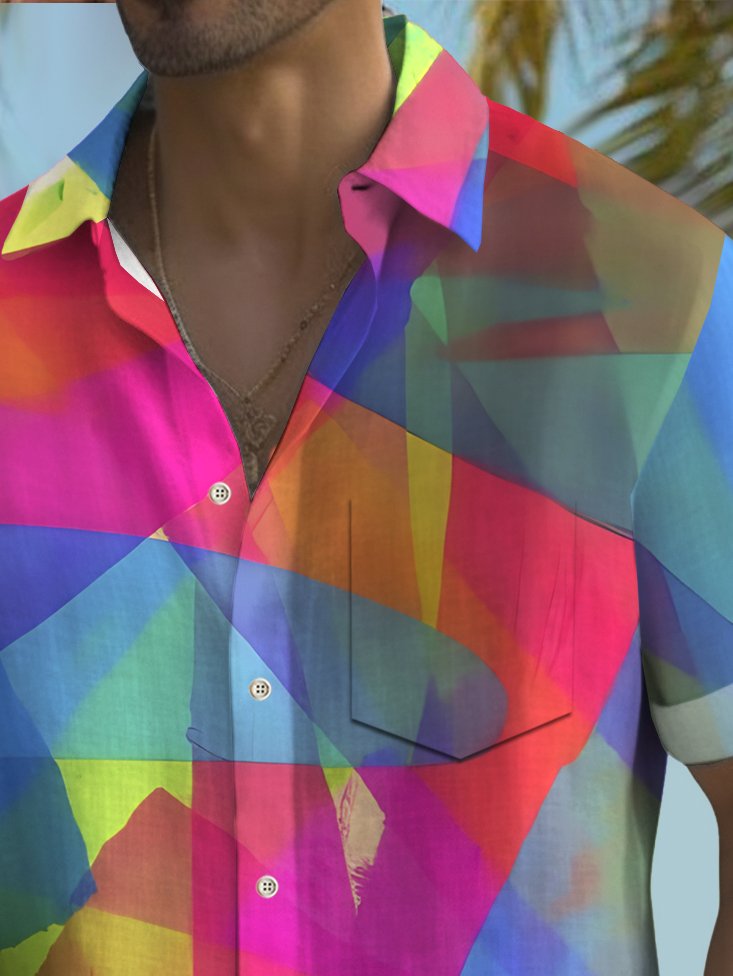 Alohadaddy® Vintage Gradient Geometry Print Chest Pocket Elasticity Hawaiian Shirt Big Tall