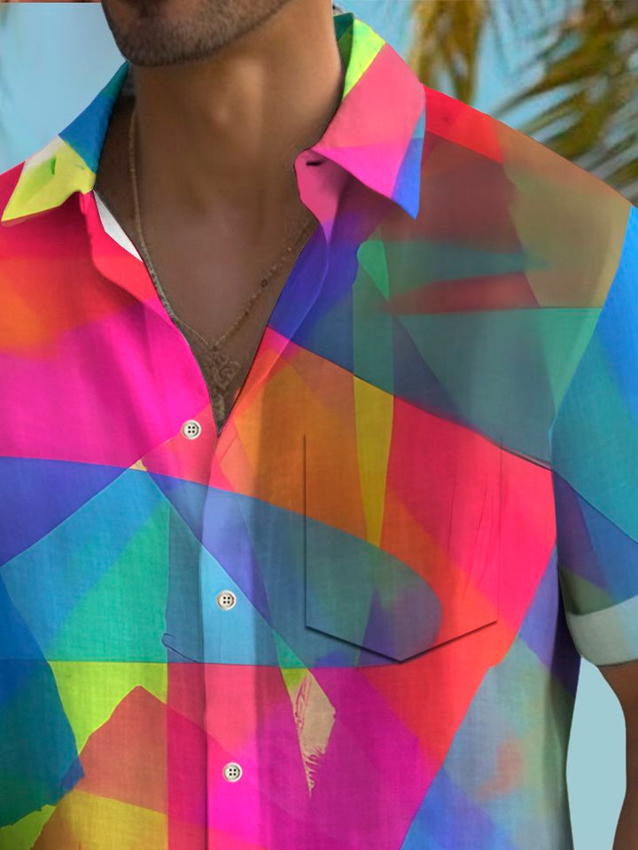 Alohadaddy® Vintage Gradient Geometry Print Chest Pocket Elasticity Hawaiian Shirt Big Tall