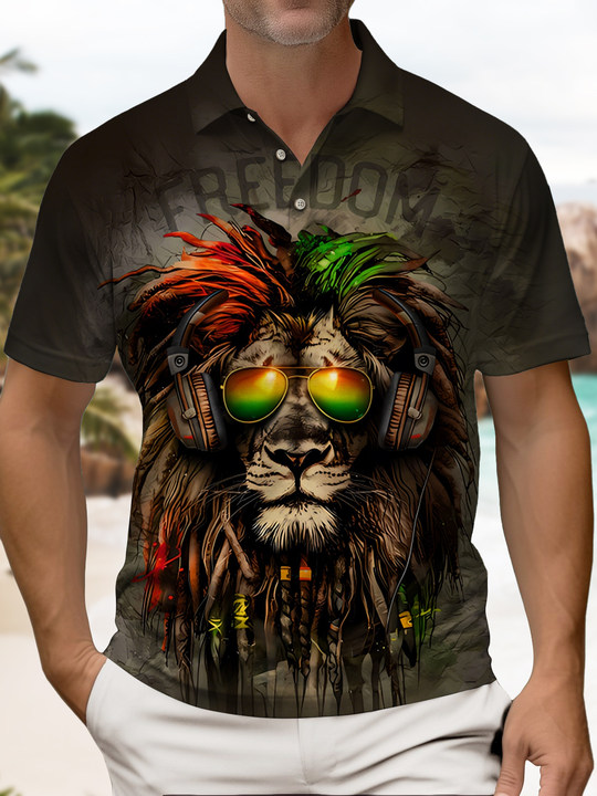 Alohadaddy Casual Daily Lion Rock Print Art Stretch Large Size Button Short Sleeve POLO Shirt
