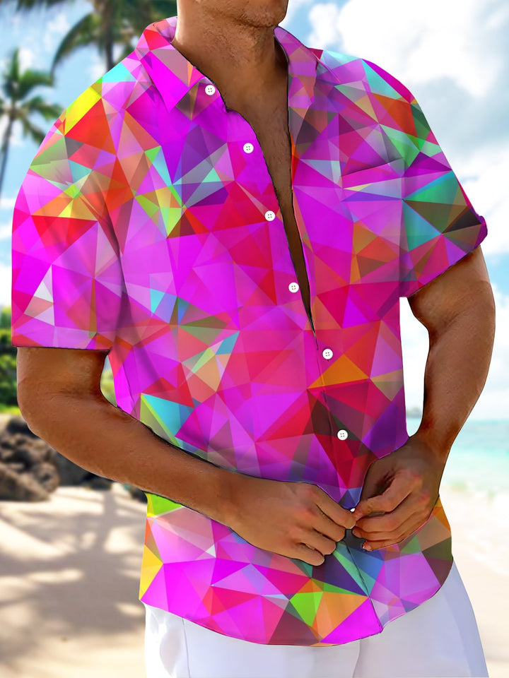 Alohadaddy® Casual Geometric Triangle Ombre Art Print Chest Pocket Large Size Long Hawaiian Men&