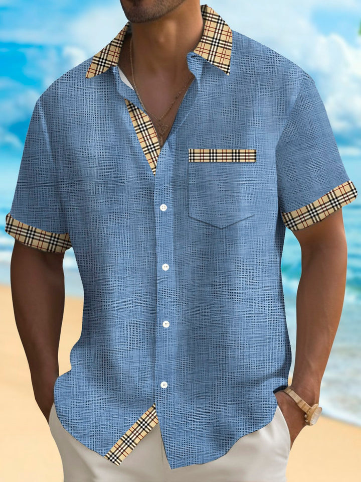 Alohadaddy® Casual Check Contrast Color Art Print Pockets Stretch Hawaiian Men&