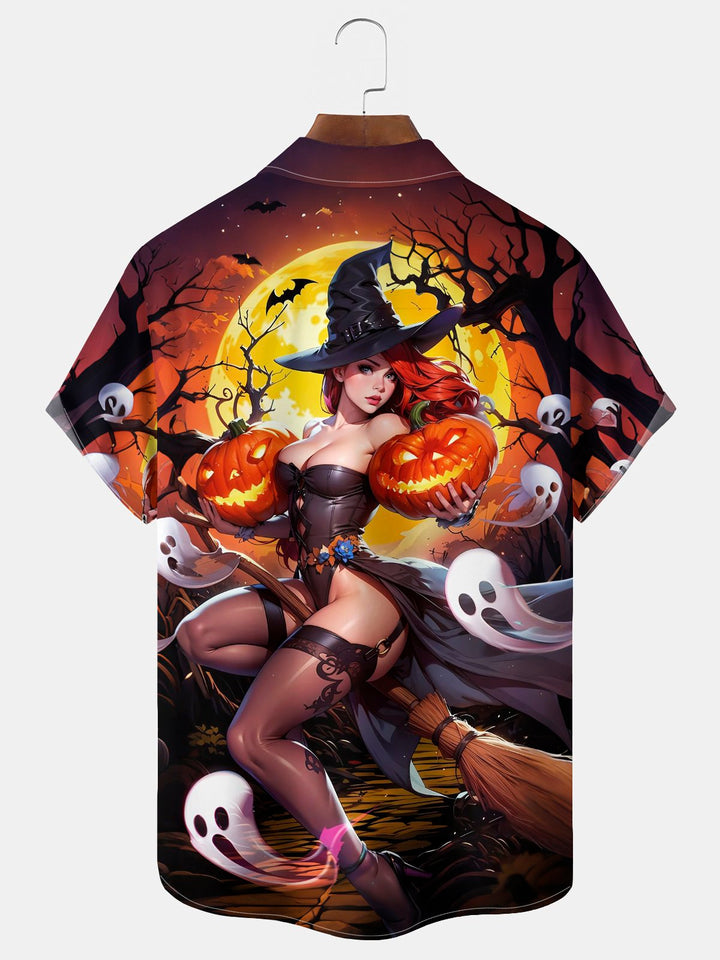 Alohadaddy® Halloween Witch Cartoon Print Casual Stylish Hawaiian Shirt Summer Shirts Pocket Short Sleeve Shirt Big Tall