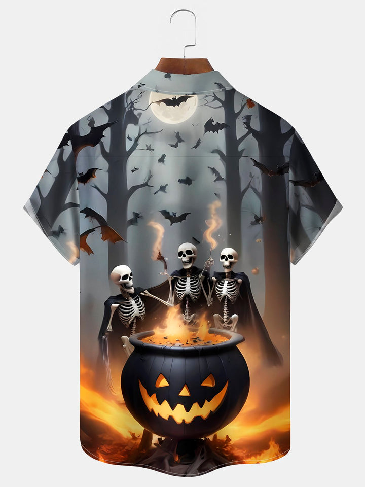 Alohadaddy® Halloween Skeleton Print Casual Stylish Hawaiian Shirt Summer Shirts Pocket Short Sleeve Shirt Big Tall