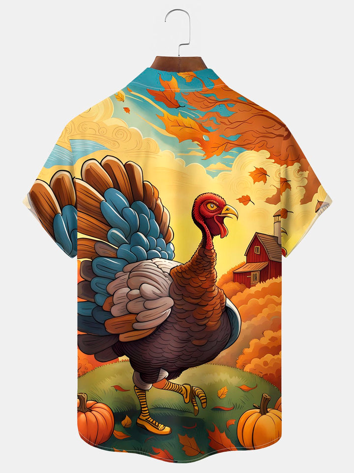 Alohadaddy® Thanksgiving Turkey Print Casual Stylish Hawaiian Shirt Summer Shirts Pocket Short Sleeve Shirt Big Tall