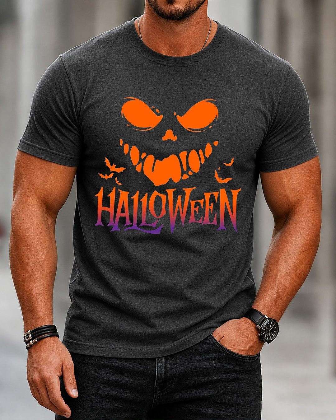 Casual Halloween pumpkin-print T-shirt with front print