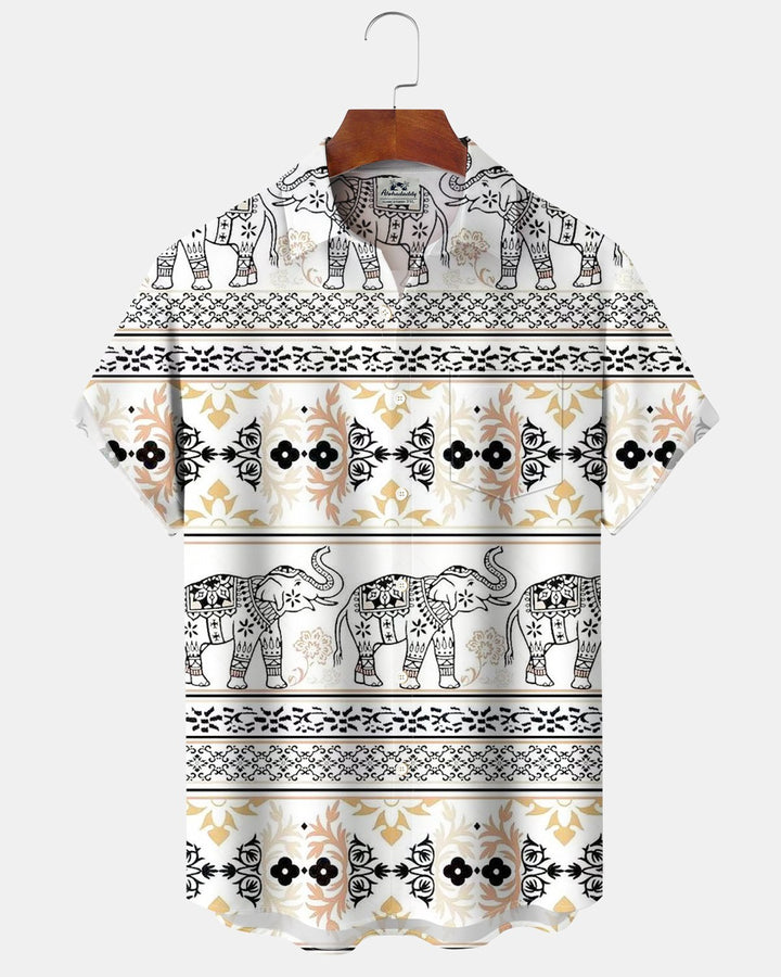 Alohadaddy® Vintage Guayabera Elephant Geometric Print Men&