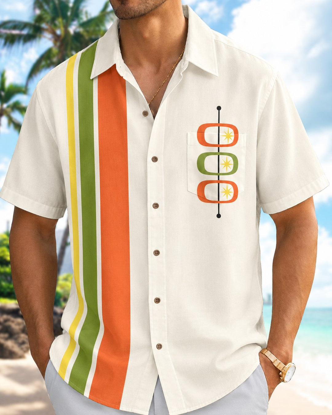 Alohadaddy® Retro Geometric Striped Atomic Bowling Shirt Print Men&