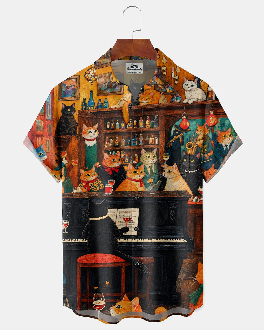 Alohadaddy® Retro Cat Musical Piano Wine Print Men&