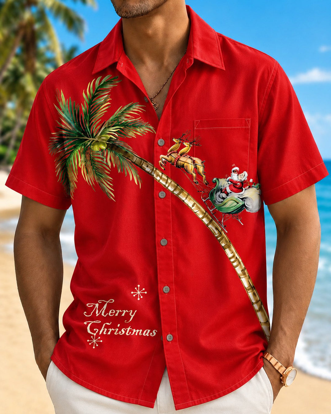 Alohadaddy® Holiday Casual Christmas Santa Claus Palm Tree Reindeer Print Men&