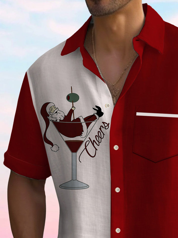 Men Santa With Gifts Bag Print Pocket Front Short Sleeves Shirt