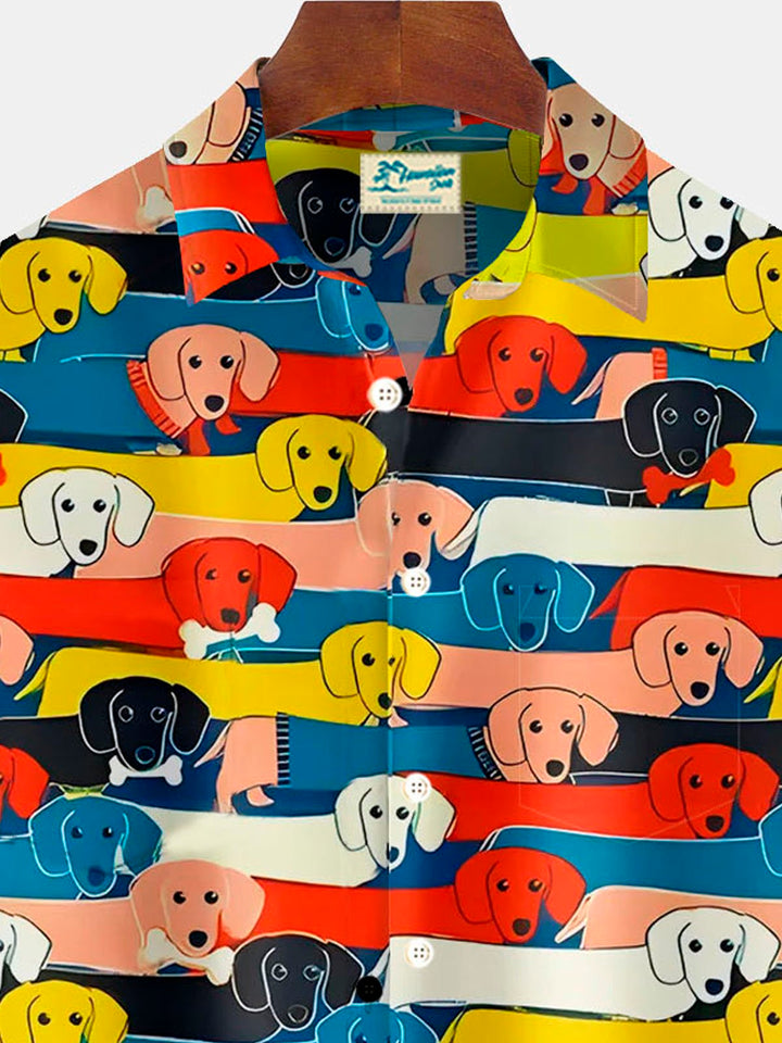 Camisa de manga corta con bolsillo y botones para hombre, con estampado digital 3D de perro divertido y dibujos animados retro de Alohadaddy, talla grande y alta