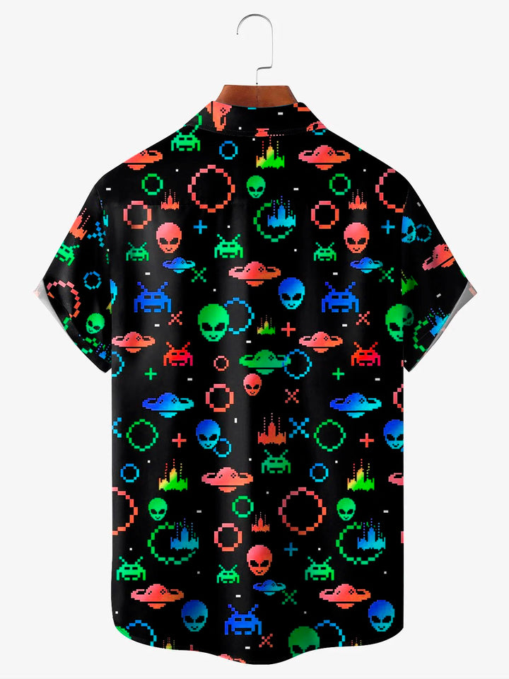 Camisa de manga corta con bolsillo y botones para hombre, con estampado digital 3D de dibujos animados retro de extraterrestres de Alohadaddy, talla grande y alta