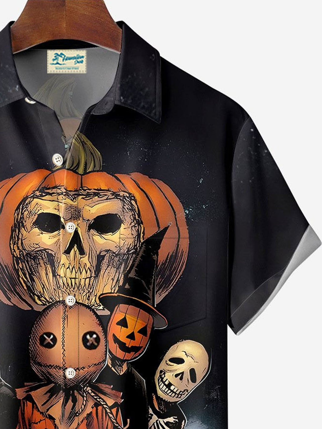 Camisa de manga corta con bolsillo y botones para hombre con estampado digital 3D de calavera de película de Halloween de Alohadaddy, talla grande y alta
