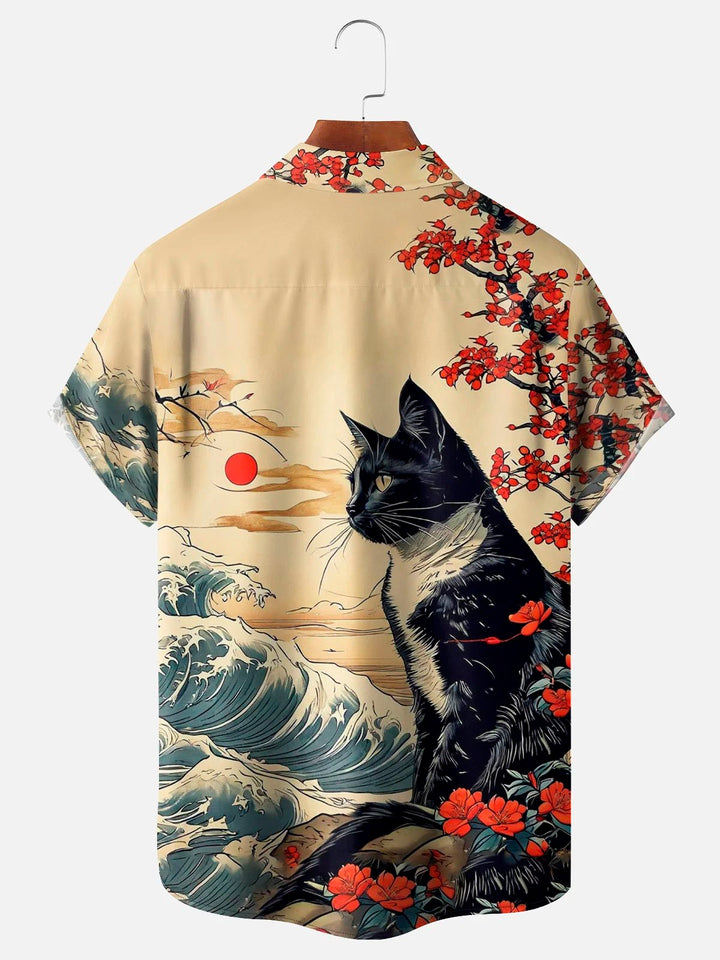 Camisa de manga corta con bolsillos y botones y estampado de gato estilo retro ukiyo-e para hombre de Alohadaddy